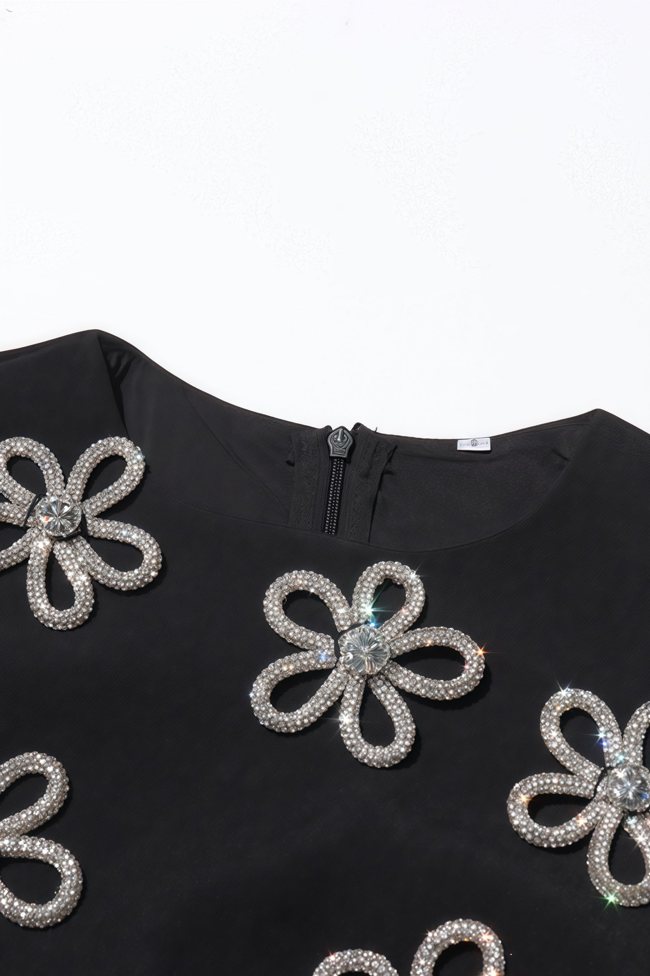 Metallic Floral Appliqué Crew Neck Sleeveless Shift Mini Dress