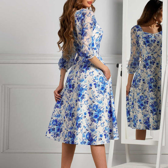 Printed square neck elegant dress