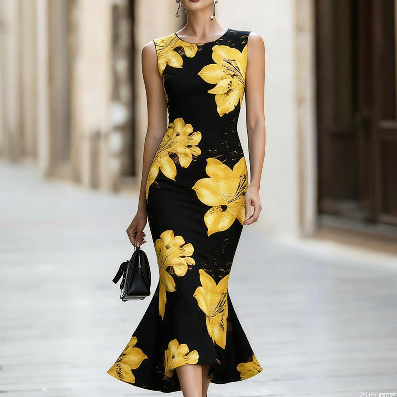 Lily Floral Print Round Neck Sleeveless Mermaid Midi Dress 2