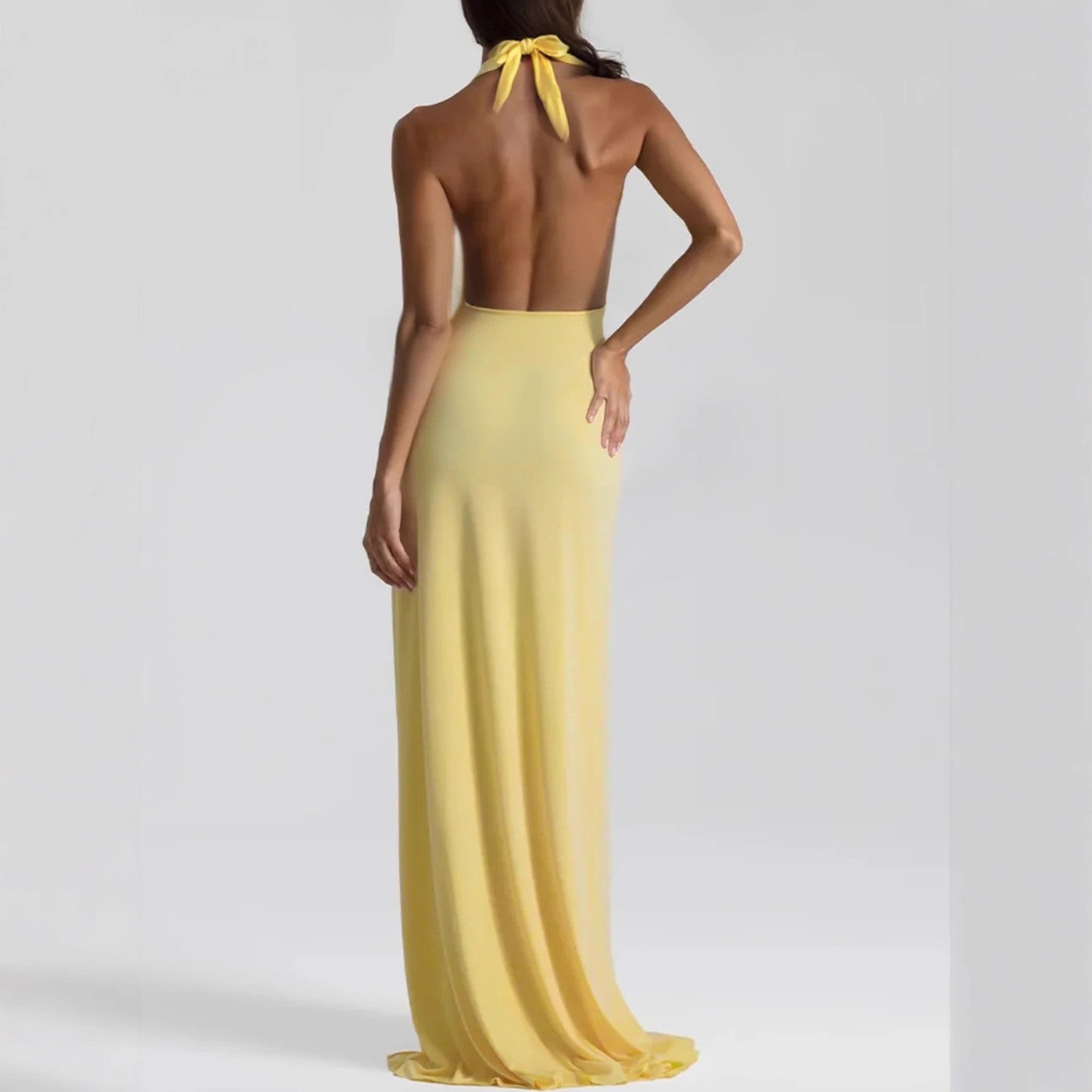 Deep V Plunge neck Lace up Backless Streamers Maxi Dress - View 3