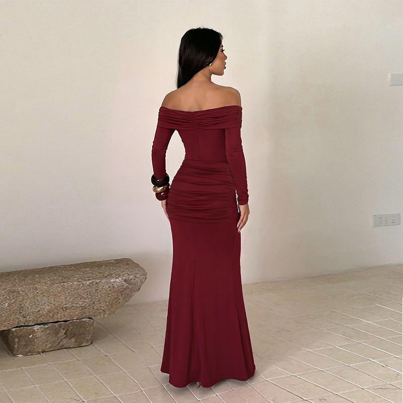Autumn Winter off Shoulder Dress Sexy Sexy Pleated Ribbon Slim Dress
