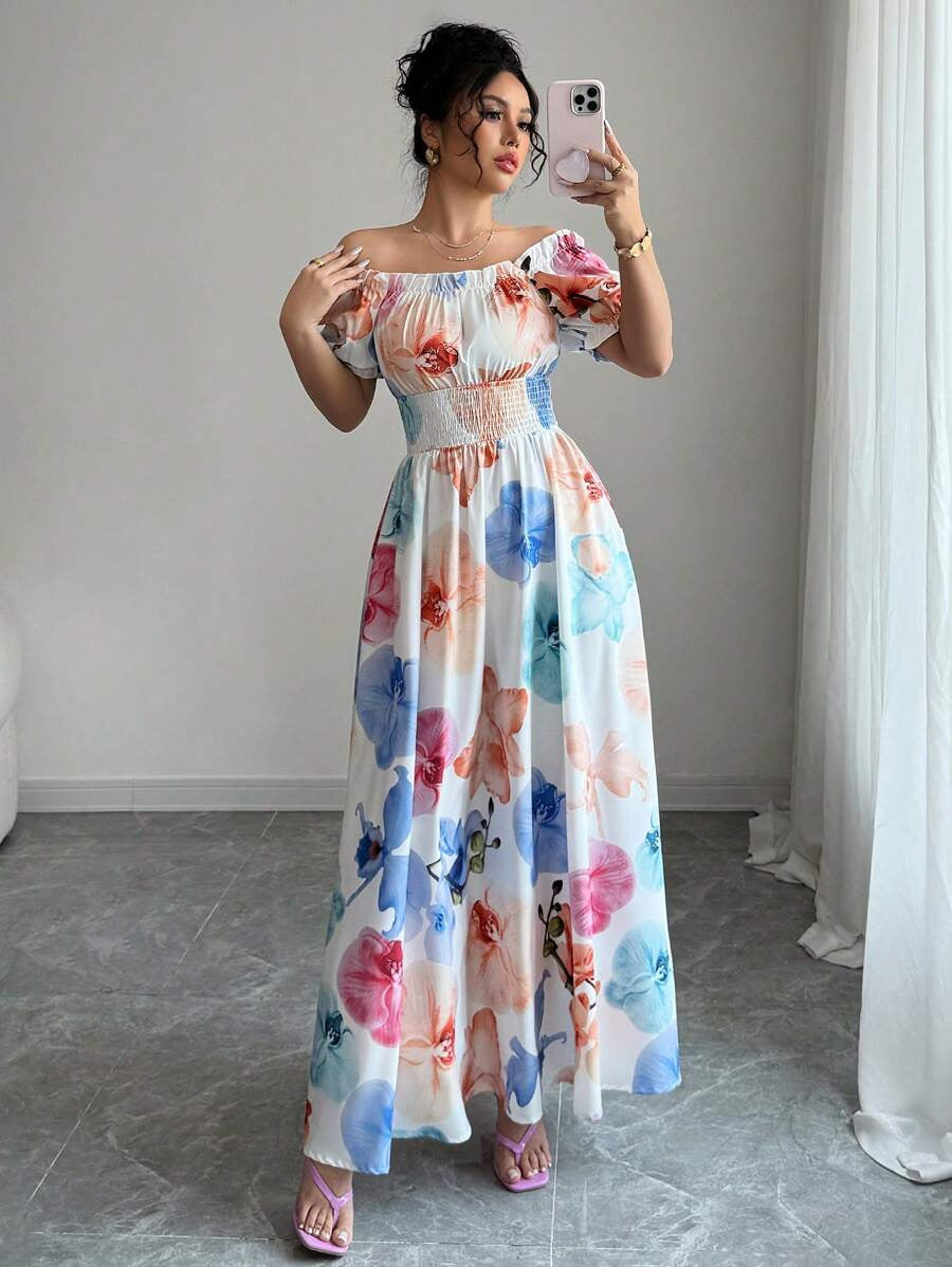 Floral Print Square Neck Puff Sleeve Smocked Waist A-Line Maxi Dress 8