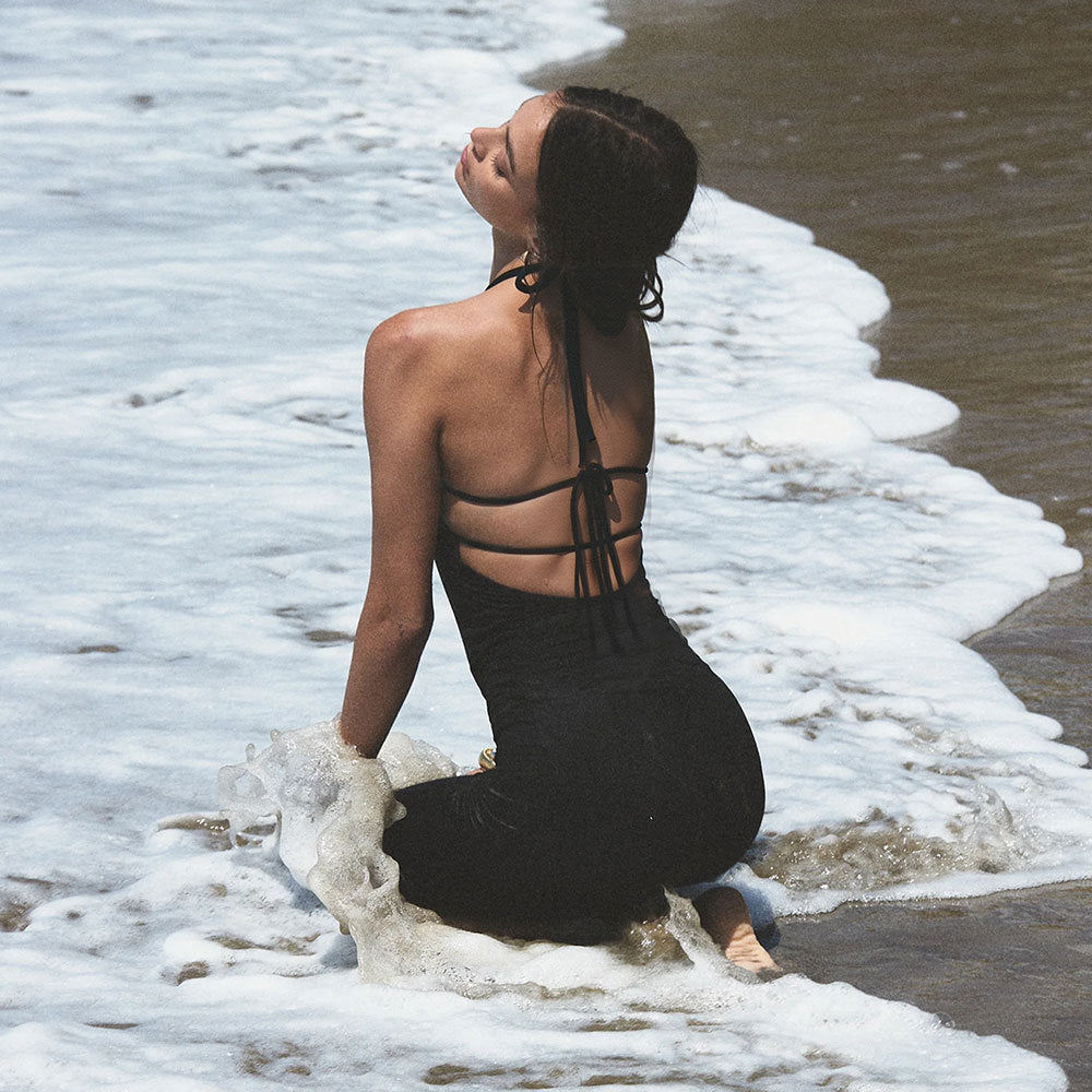 Sexy Hollow Out Cutout-out Halter Dress Women Summer Seaside Beach Backless Slit Slim Fit Niche Sexy Dress