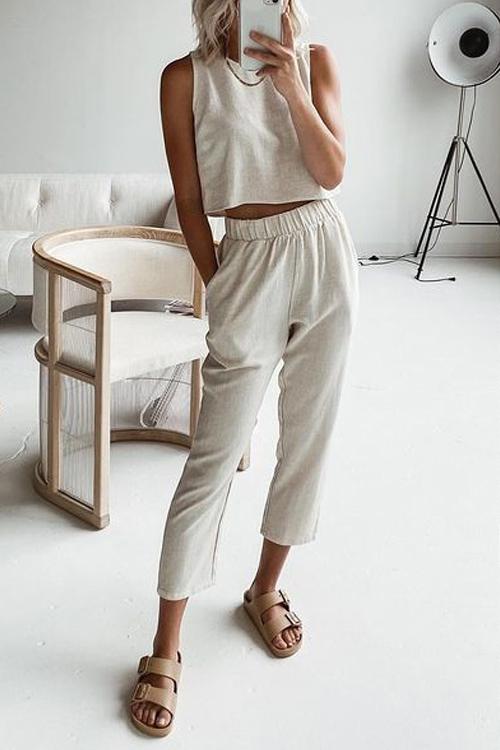 Solid Pockets Tank Pants Set