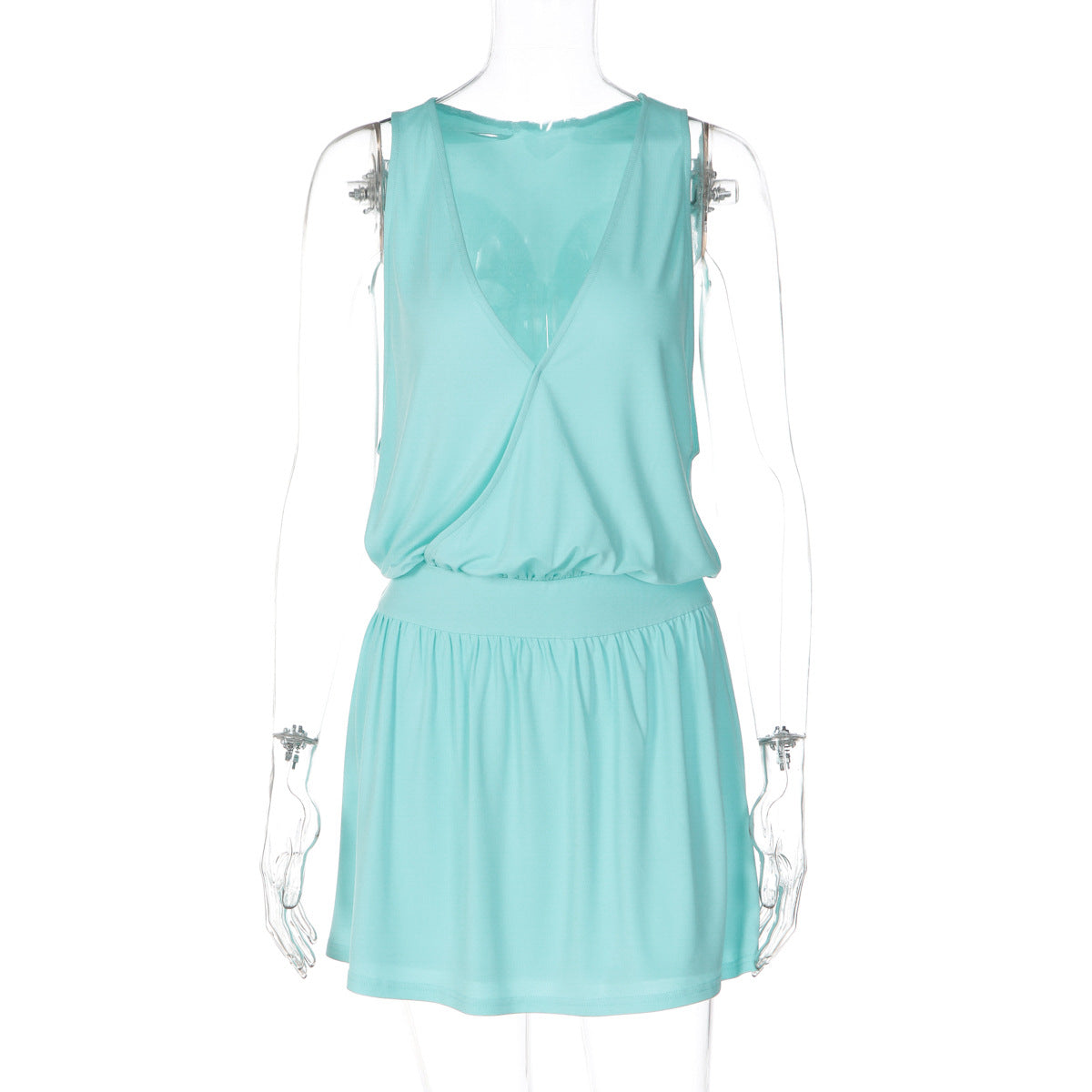 Deep V-Neck Sleeveless Wrap Front Drop Waist Flared Mini Dress 2