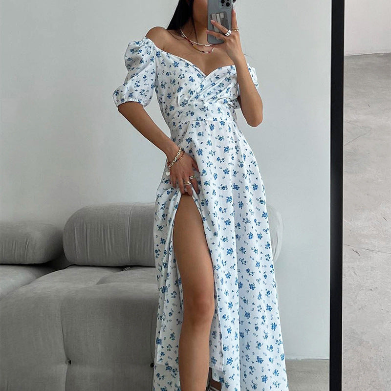 Ditsy Floral Off Shoulder Puff Sleeve Wrap Front High Split Maxi Dress