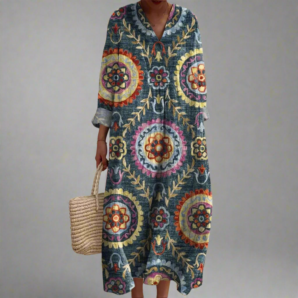 Medallion Print V-Neck Long Sleeve Loose Maxi Dress