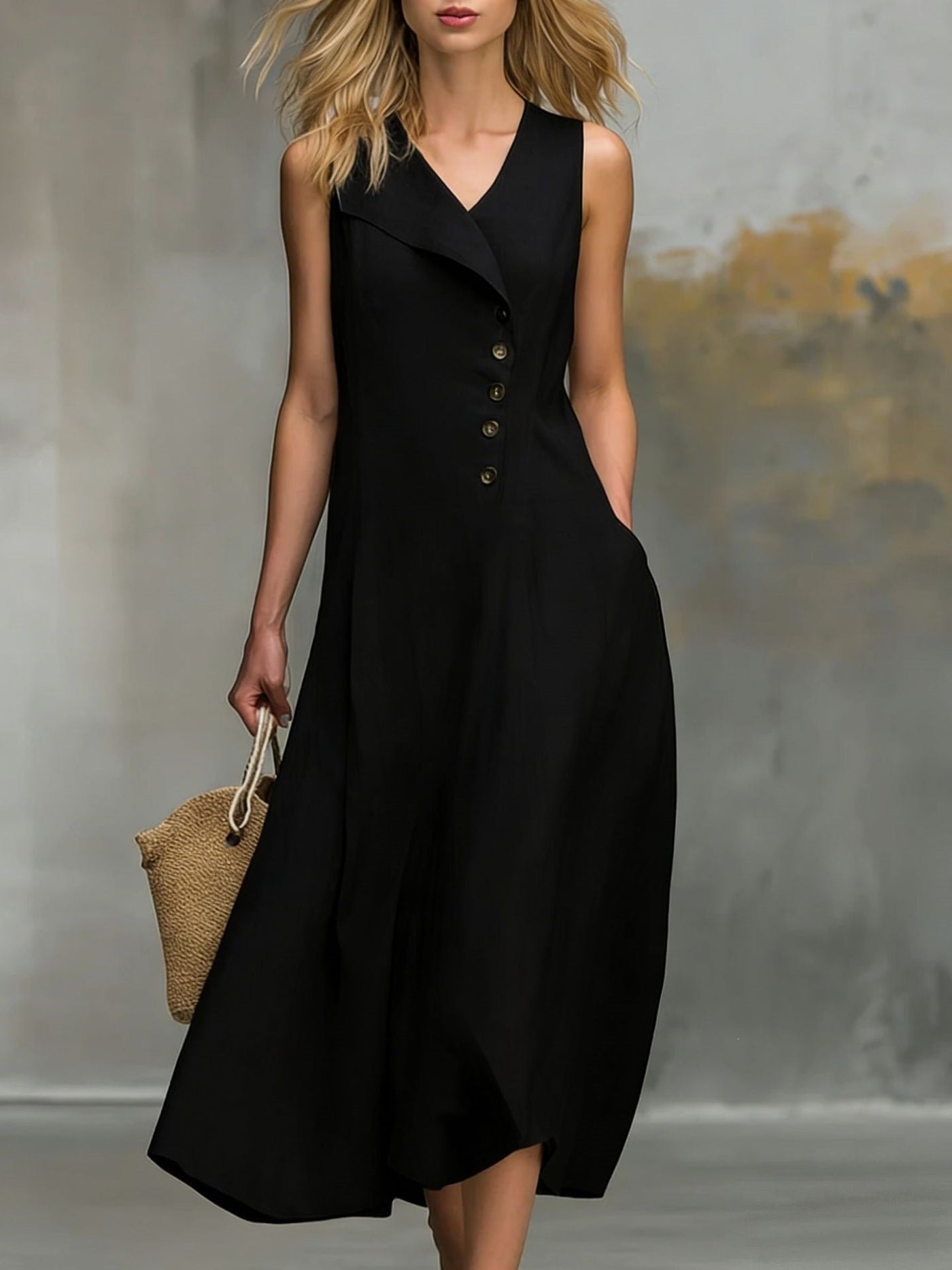 Sleeveless Lapel Button Front A-Line Linen Midi Dress 11