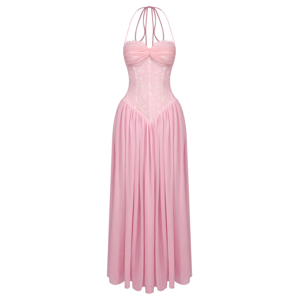 Lace Bodice Halter Sweetheart Pleated Chiffon Drop Waist Maxi Dress 7