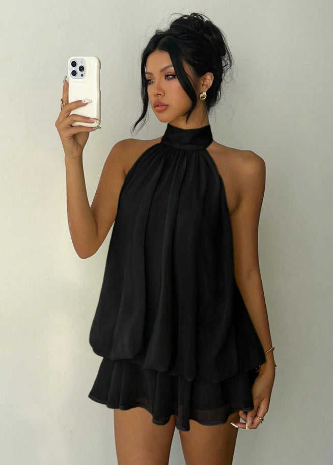 Mock Halter Neck Sleeveless Sheer Layered Ruffle Hem Romper 7