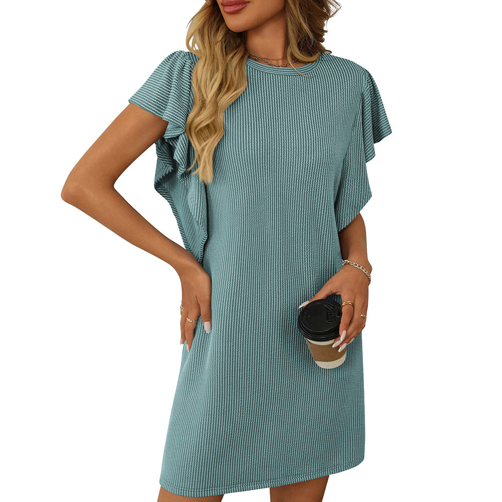Ribbed Knit Crew Neck Ruffle Sleeve Shift Mini Dress 2