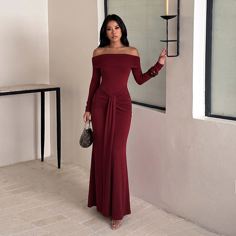 Autumn Winter off Shoulder Dress Sexy Sexy Pleated Ribbon Slim Dress