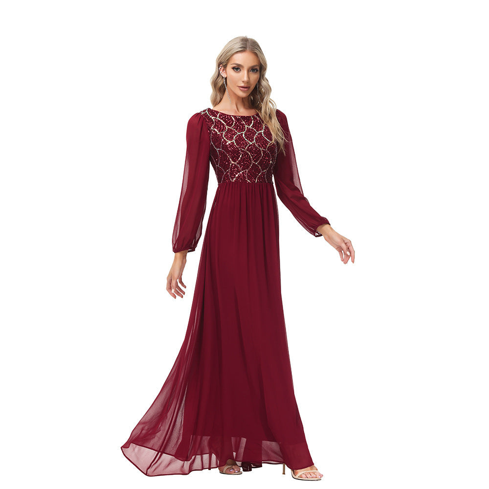 Sequin Round Neck Bishop Sleeve Chiffon A-Line Gown