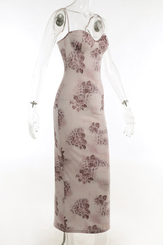 Floral Mesh Sweetheart Neck Lace Trim Corset Bodycon Maxi Dress