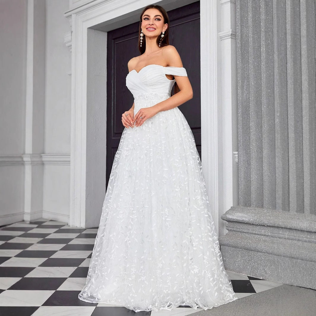 Floral Embroidered Off Shoulder Sweetheart A-Line Maxi Gown