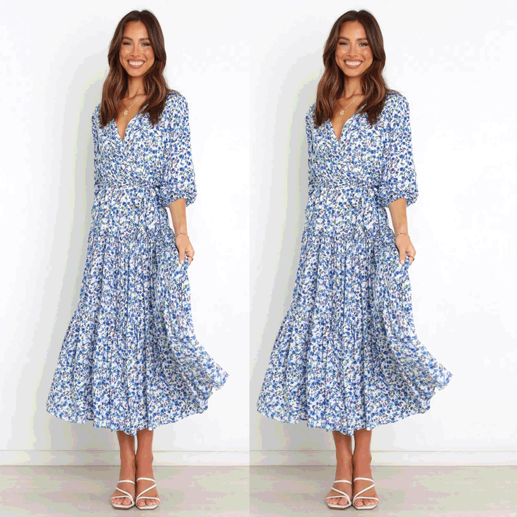 Floral Fresh Sweet Mid - Sleeve V neck Dress