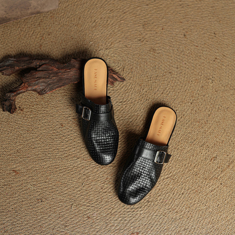 Croc Print Square Toe Buckle Flat Mules