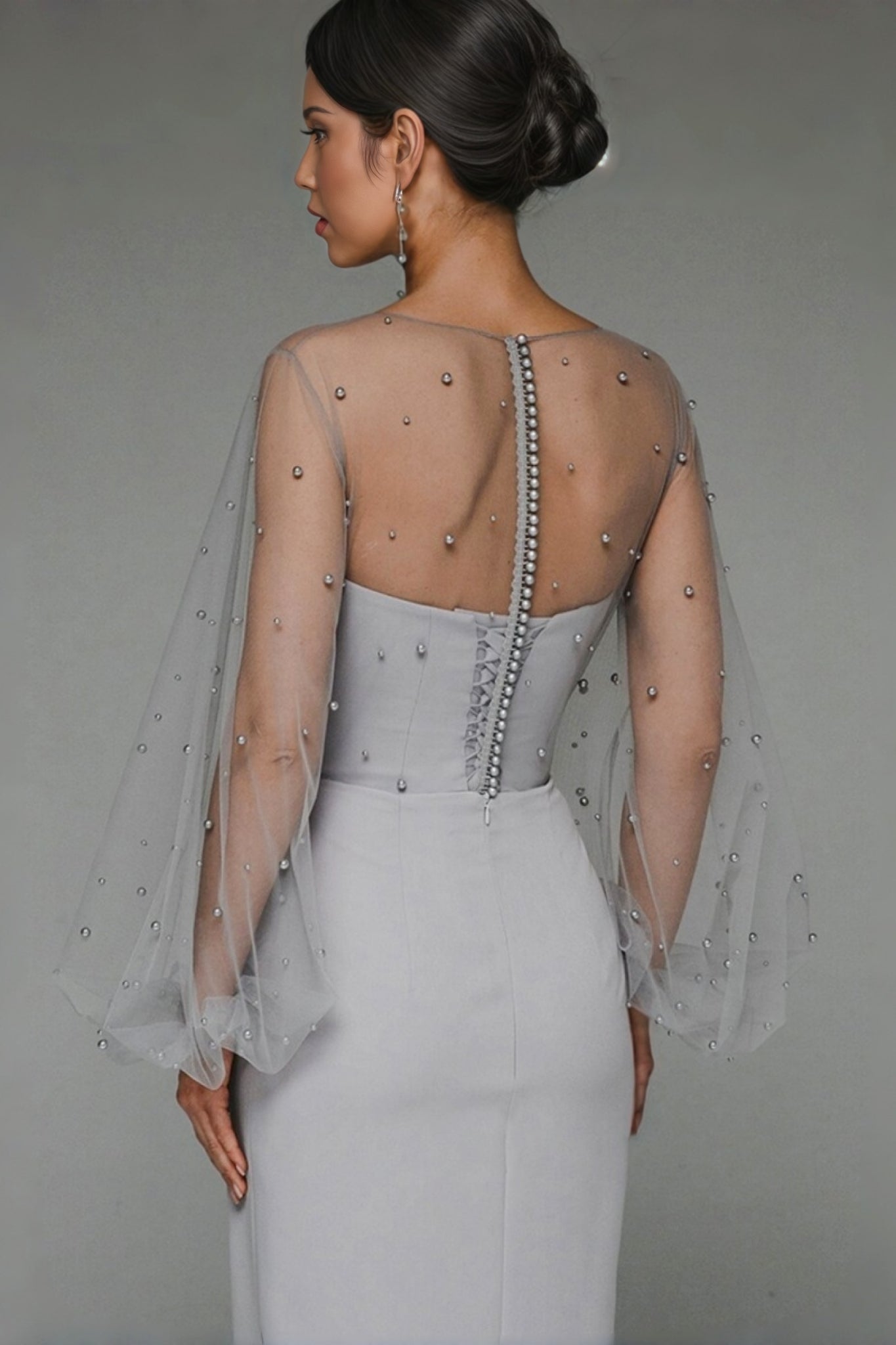 Mesh Pearl Embellished Bishop Sleeve Corset Bodice Wrap High Split Maxi Gown