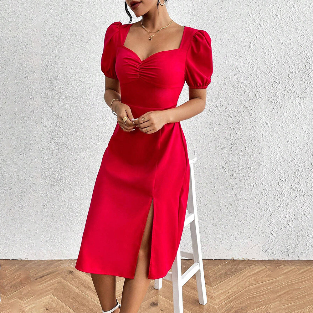 Sweetheart Neck Puff Short Sleeve Ruched Bust Side Slit Midi Dress 3