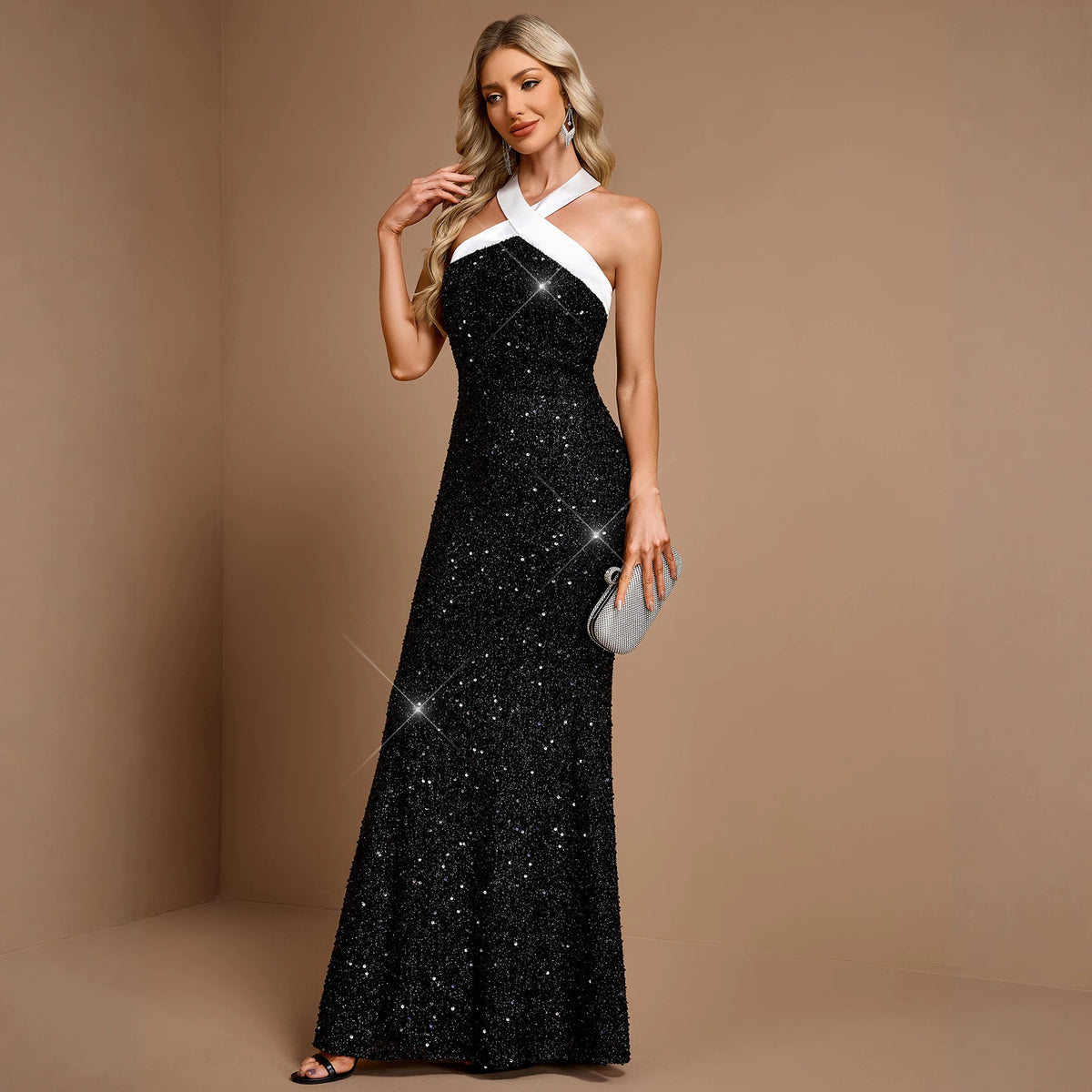 Black Maxi Dress with Straight Bottom Cross Back Lace up Sequined Office Solid Color Stitching Evening Dress