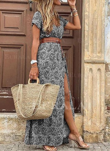 V-Neck Short Sleeve Belted High Split Tiered Boho Maxi Dress