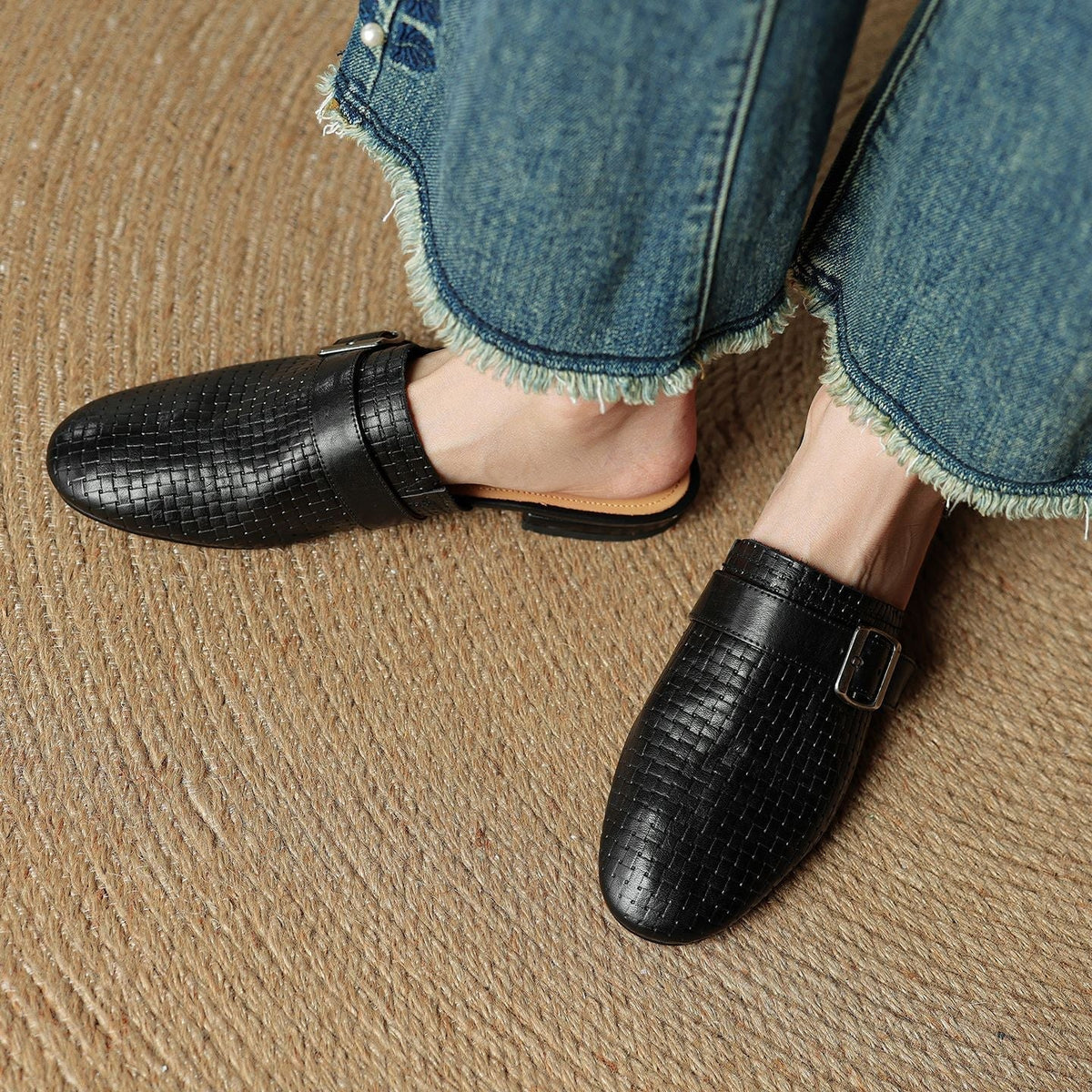 Croc Print Square Toe Buckle Flat Mules