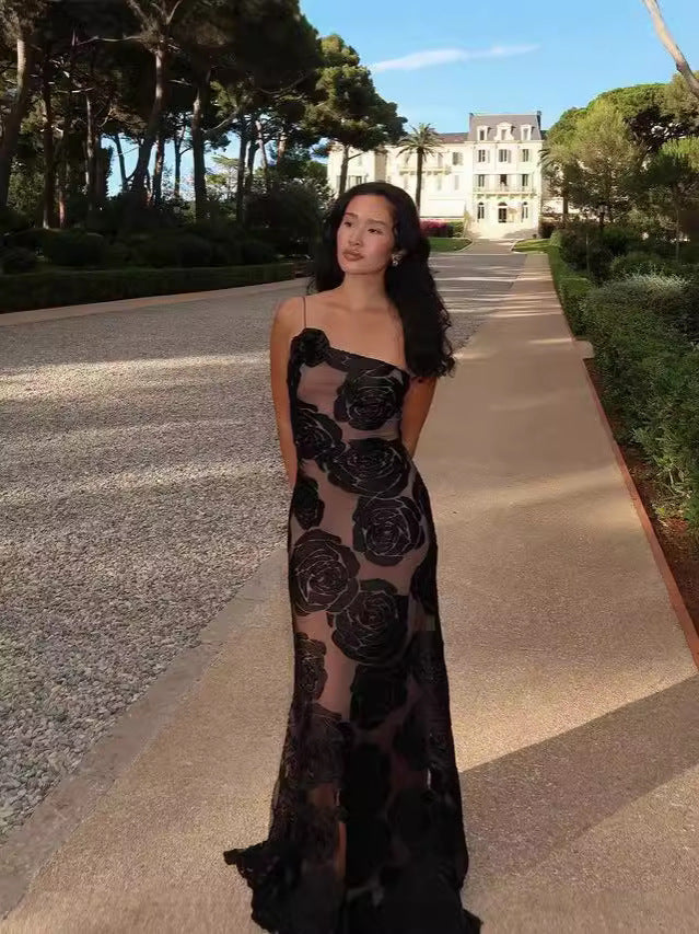 Floral Applique Spaghetti Strap Mesh Backless Slip Maxi Dress