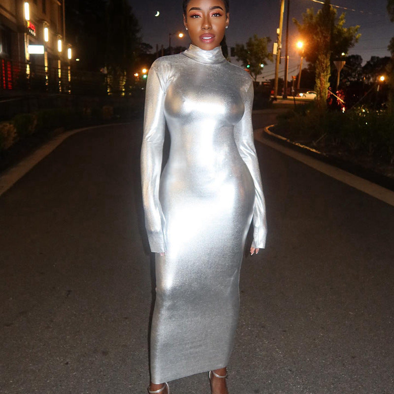 Metallic Turtleneck Long Sleeve Bodycon Maxi Dress