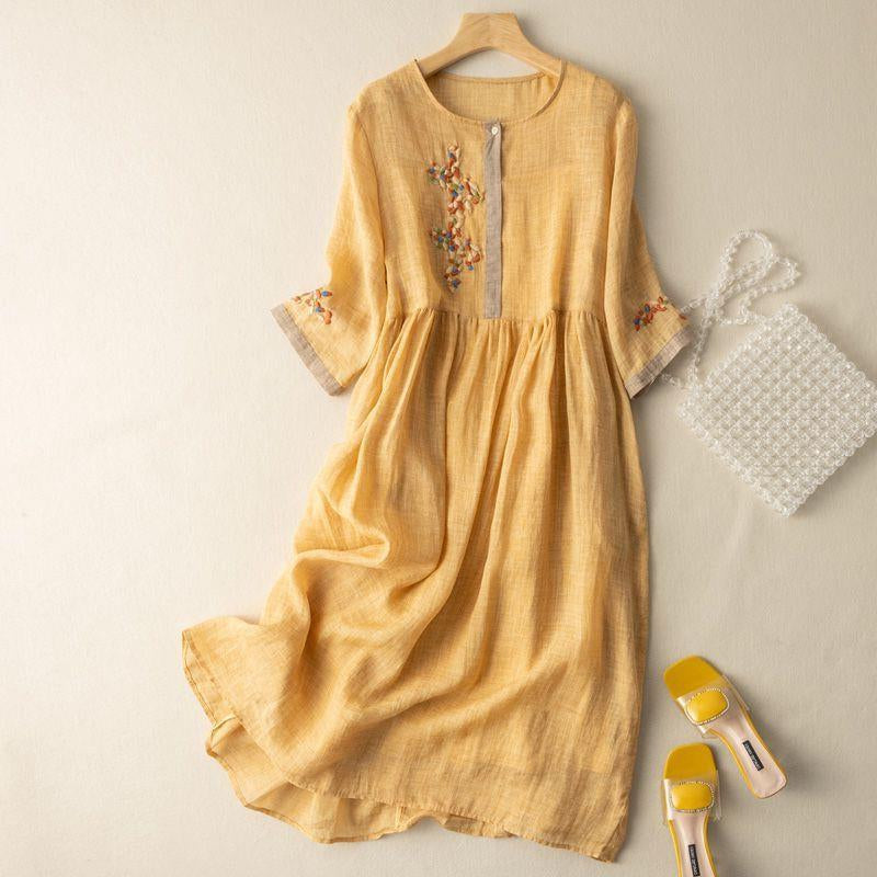Embroidered Round Neck Long Sleeve Midi Dress 3