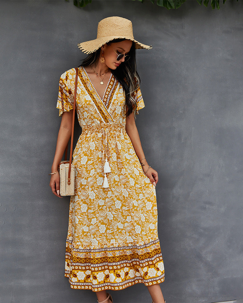 Nadine Floral Smocked Maxi Dress - Mustard