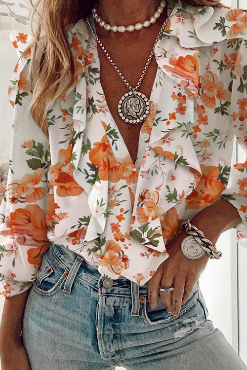 Ruffles Button V Neck Blouse