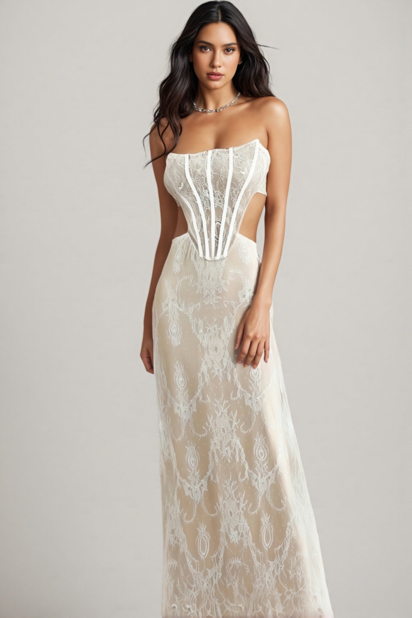 Kaylk Beige Lace Maxi Dress - View 2