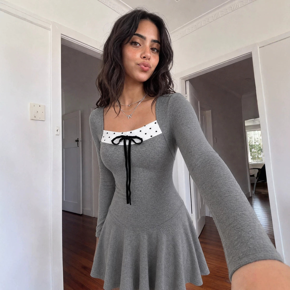 Square Collar Long Sleeve Dress Polka Dot Stitching Neckline Lace up Slimming A line Dress