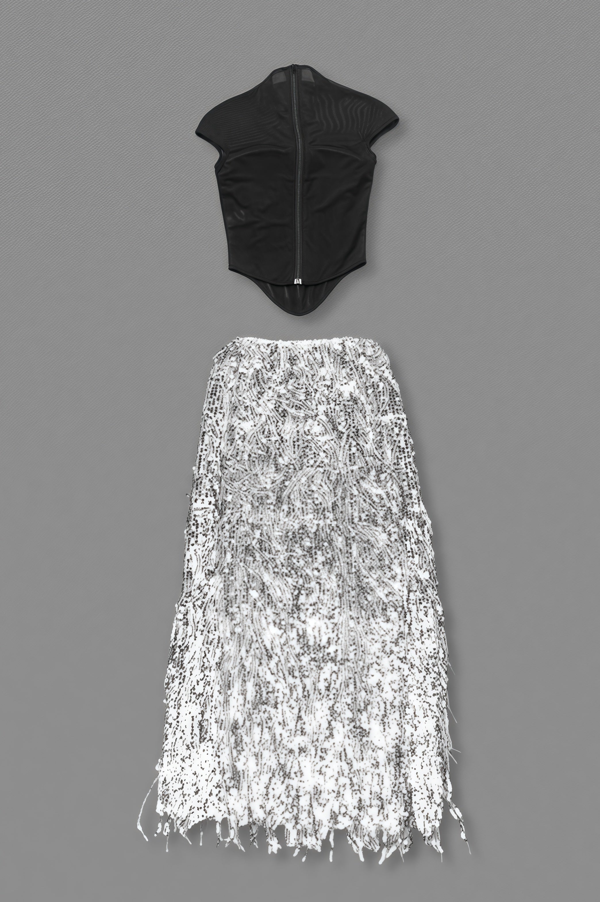 Mesh Mock Neck Cap Sleeve Corset Bodice Sequin Fringe Skirt Two-Piece Set