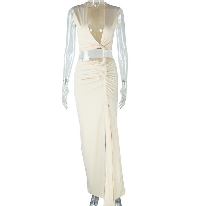 Deep V-Neck Sleeveless Cut Out Waist Ruched High Split Maxi Dress 5