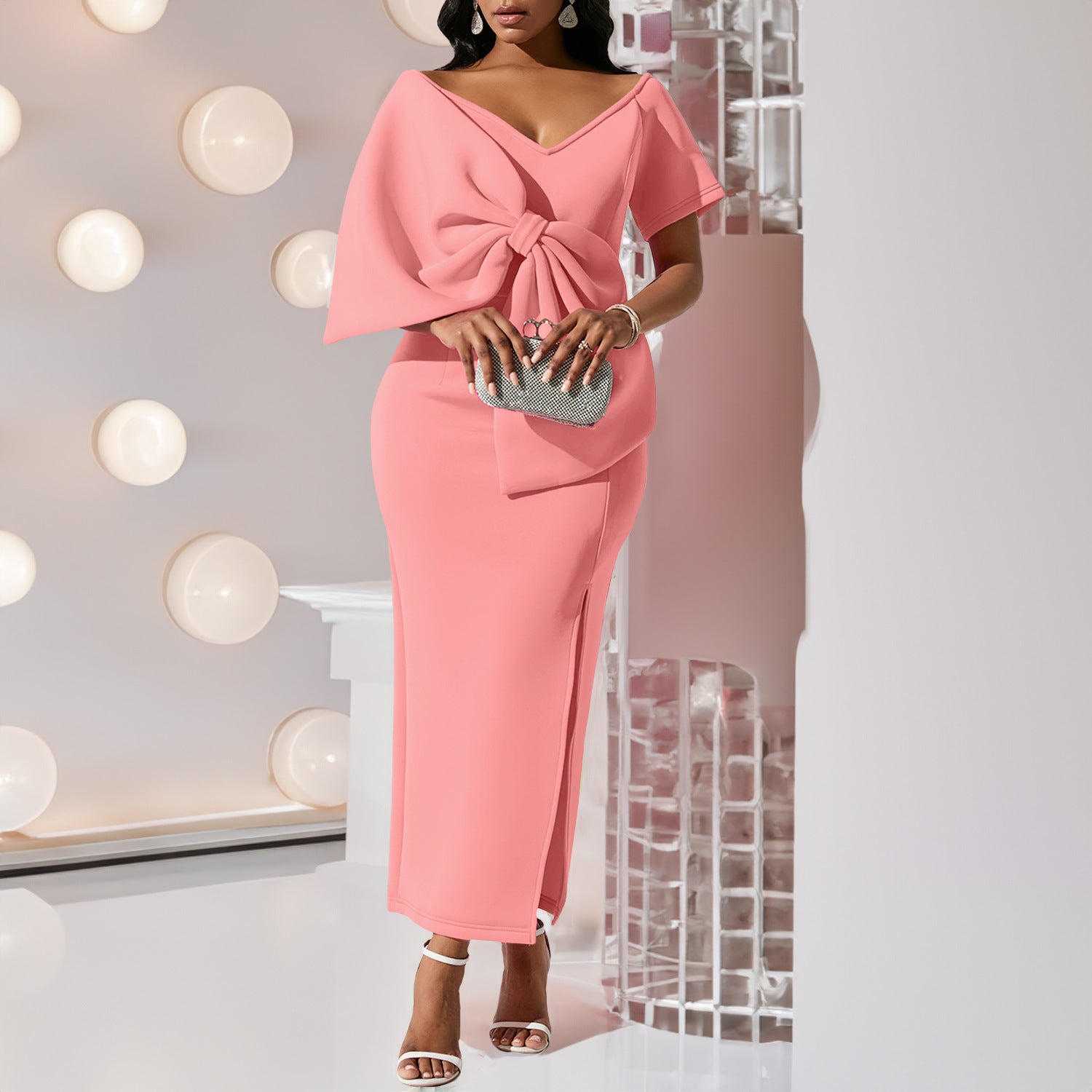 Satin Cowl Neck Backless High Split Slip Maxi Dress