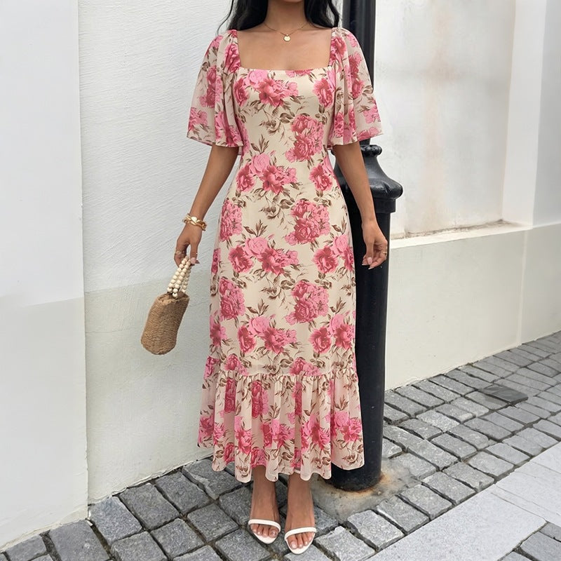 Floral Print Square Neck Flutter Sleeve Ruffle Hem Maxi Dress