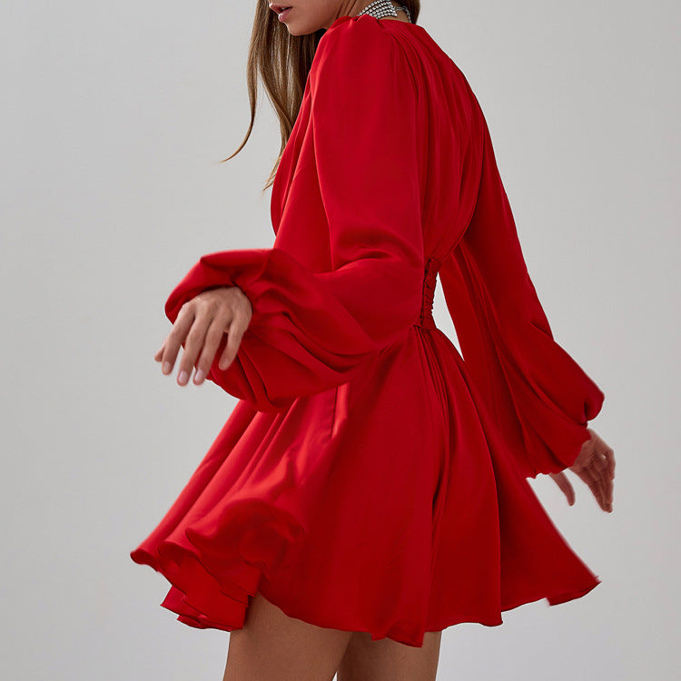 Ruched Puff Sleeve V Neck Waist Belt Satin A Line Mini Dress - View 3