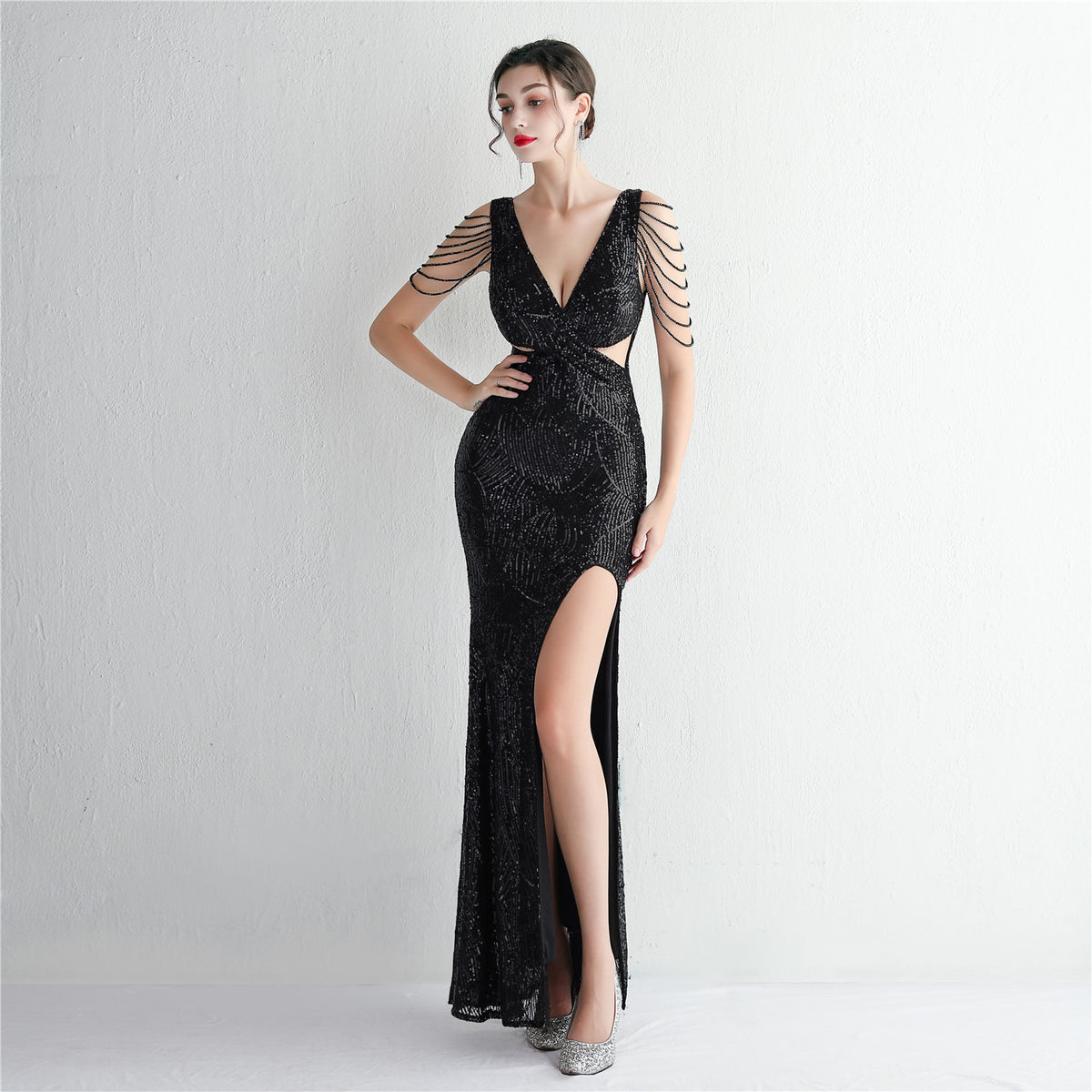 Sequin Deep V-Neck Beaded Chain Sleeve Twist Front High Split Evening Gown 7