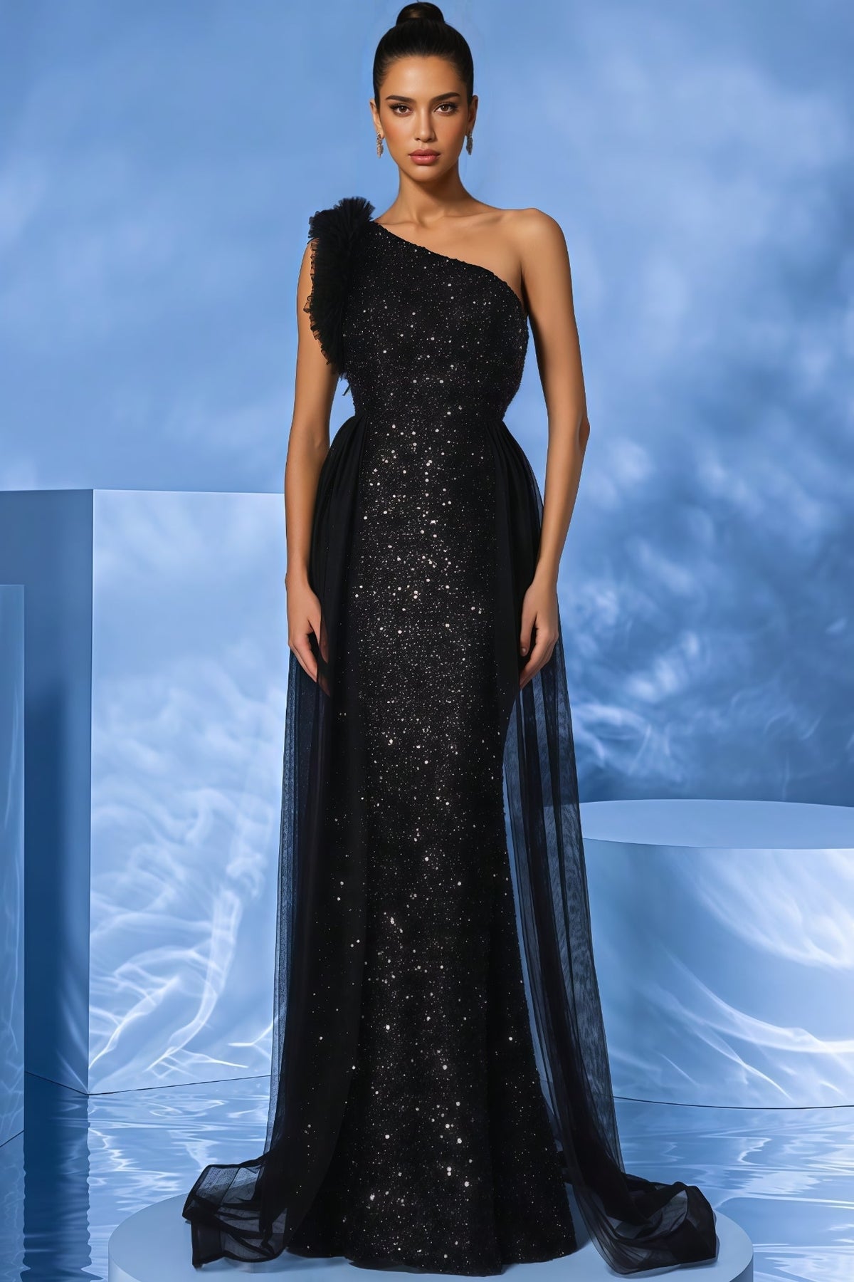 Sequin One Shoulder Ruffle Tulle Overlay Mermaid Maxi Gown
