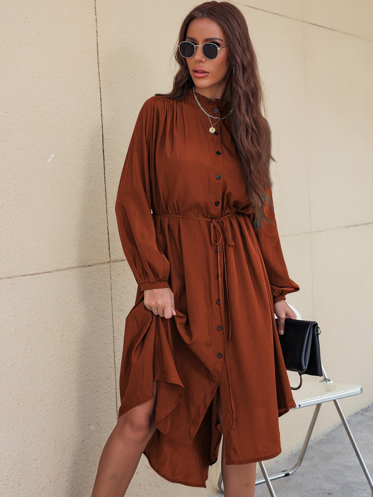 Mock Neck Button Front Long Sleeve Tie Waist High Low Midi Shirt Dress 2