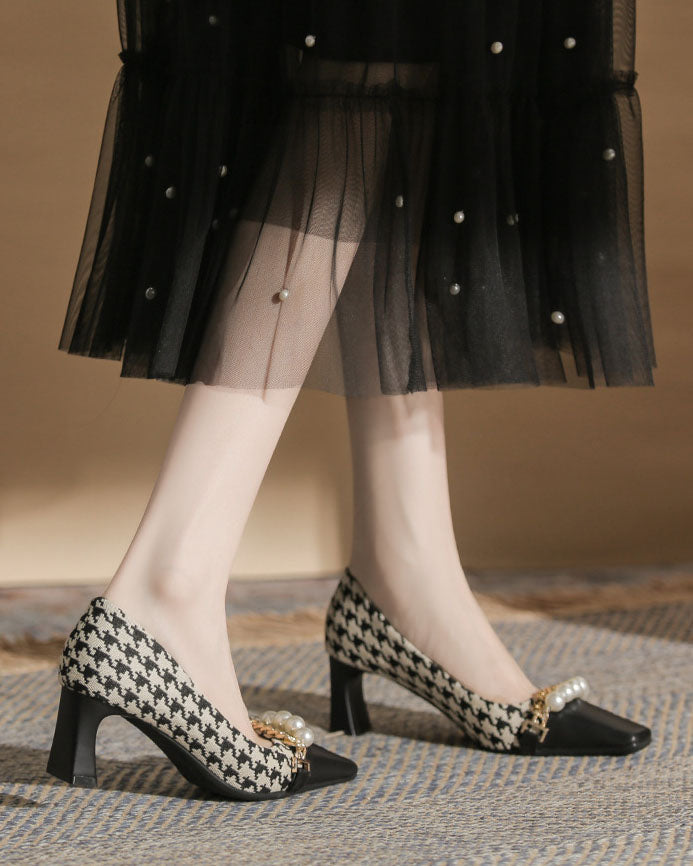 Pearl-Embellished Chunky Heel Plaid Velvet Shoes