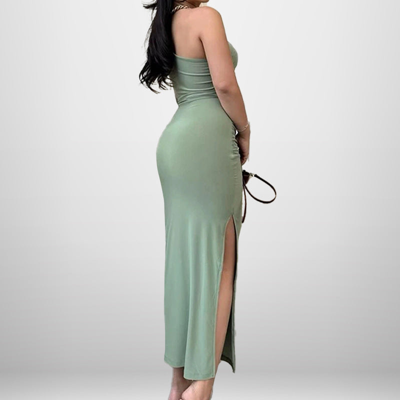 One Shoulder Sleeveless Ruched High Split Bodycon Maxi Dress