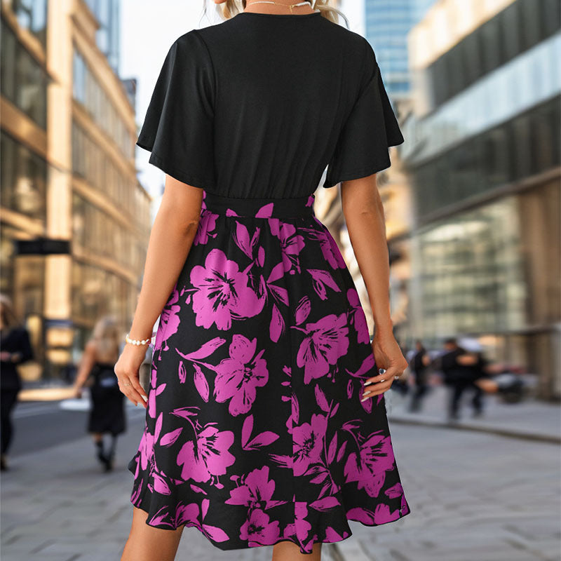 Summer Women Floral Printing Stitching Irregular Asymmetric Dress
