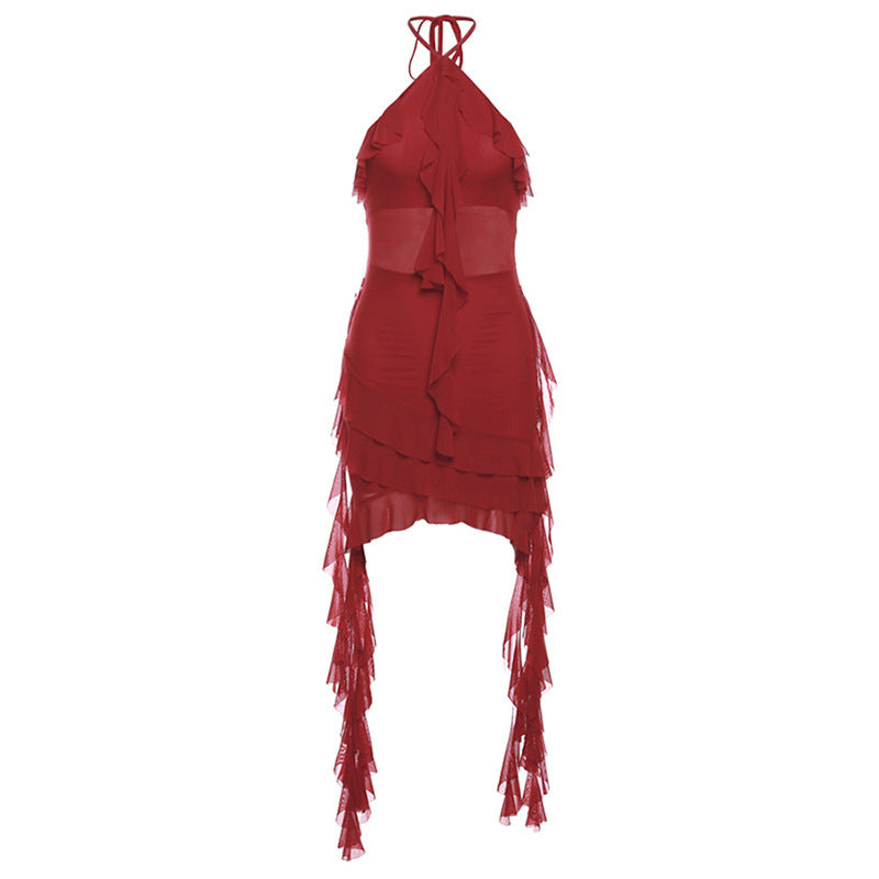Mesh Halter Neck Ruffle Trim Asymmetric Layered Mini Dress 6