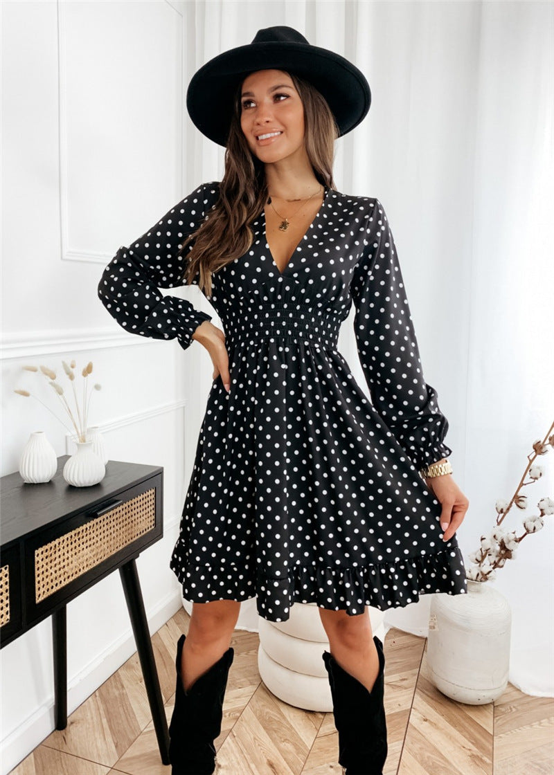 Polka Dot Deep V-Neck Long Sleeve Smocked Waist Flare Mini Dress