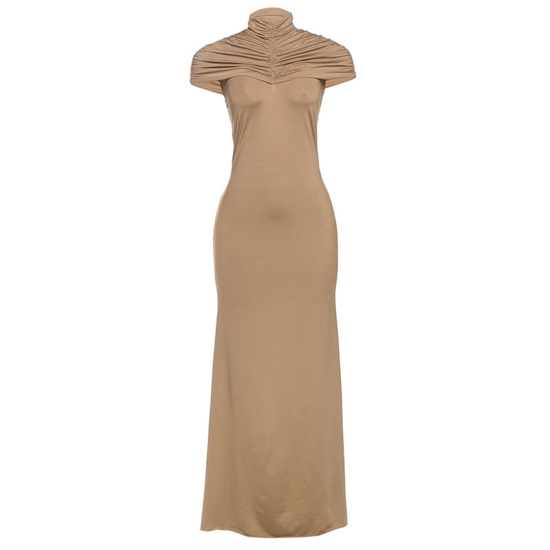 Mock Neck Short Sleeve Ruched Bodice Bodycon Maxi Dress 5