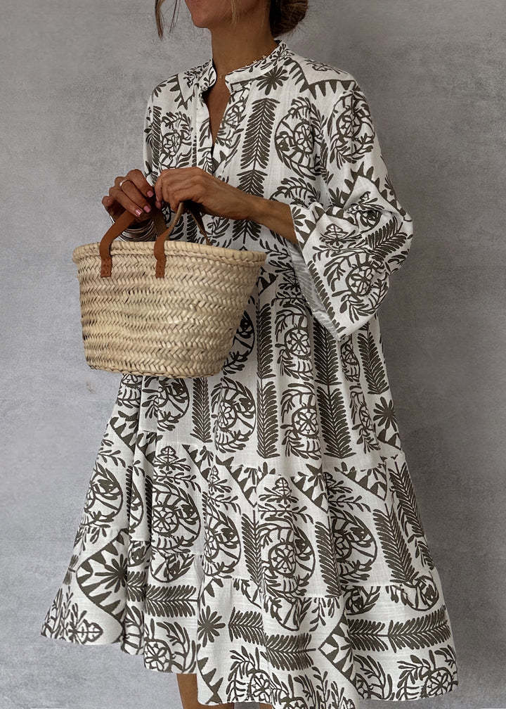 Ethnic Print Band Collar Balloon Sleeve Tiered Smock Midi Dress 5