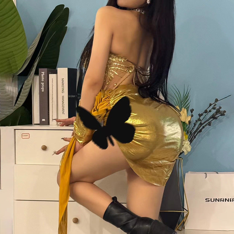 Rhinestone Fringe Strapless Ruched High Split Two Piece Set