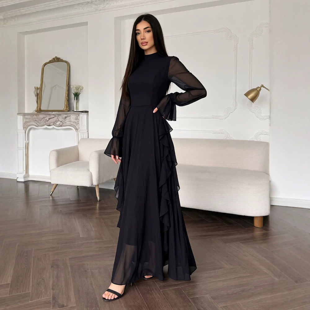 Chiffon Mock Neck Sheer Long Sleeve Ruffle Trim A-Line Maxi Dress